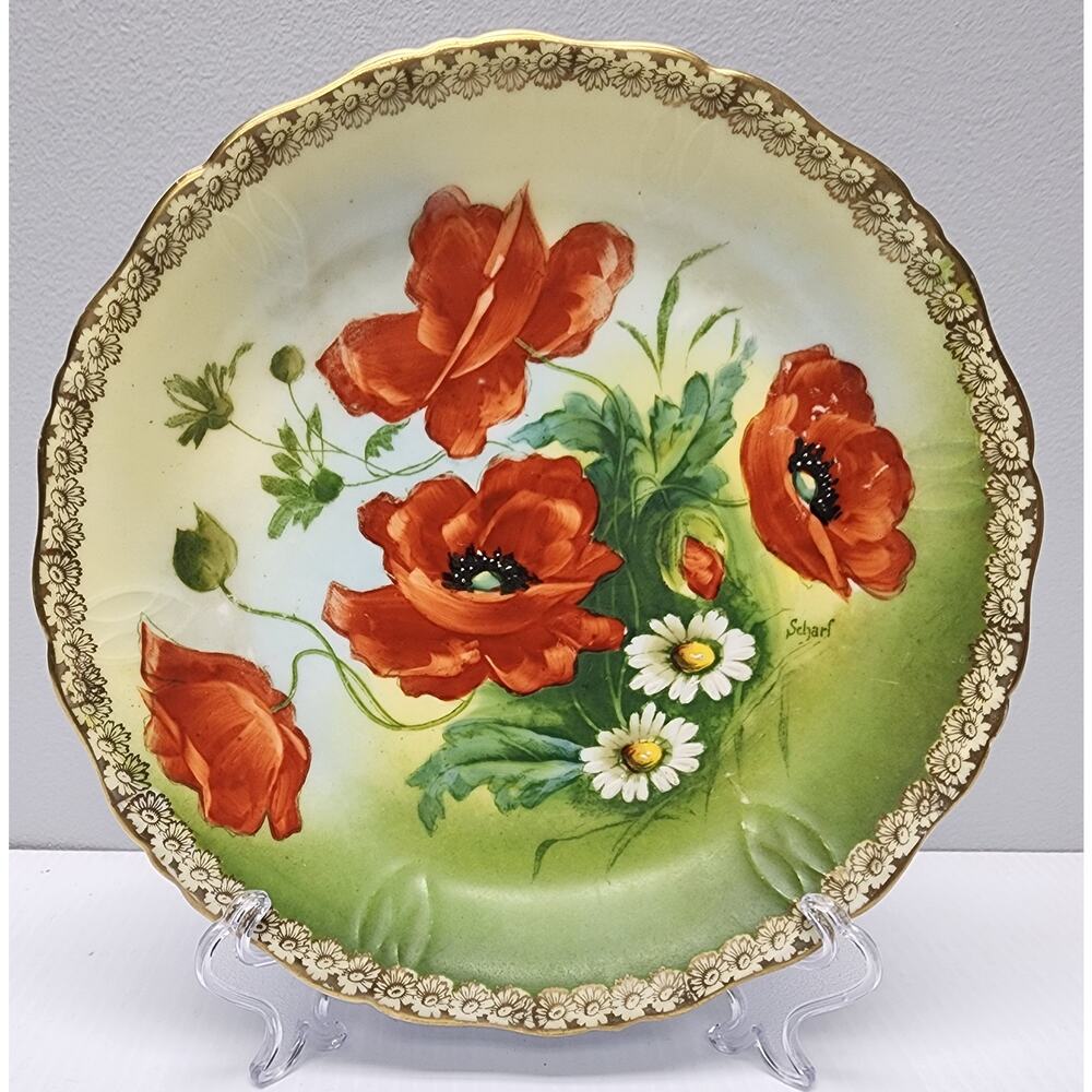 Antique R.S. Prussia Crown B Hand Painted Plate Signed Scharf 8.5" GoldGilt RARE